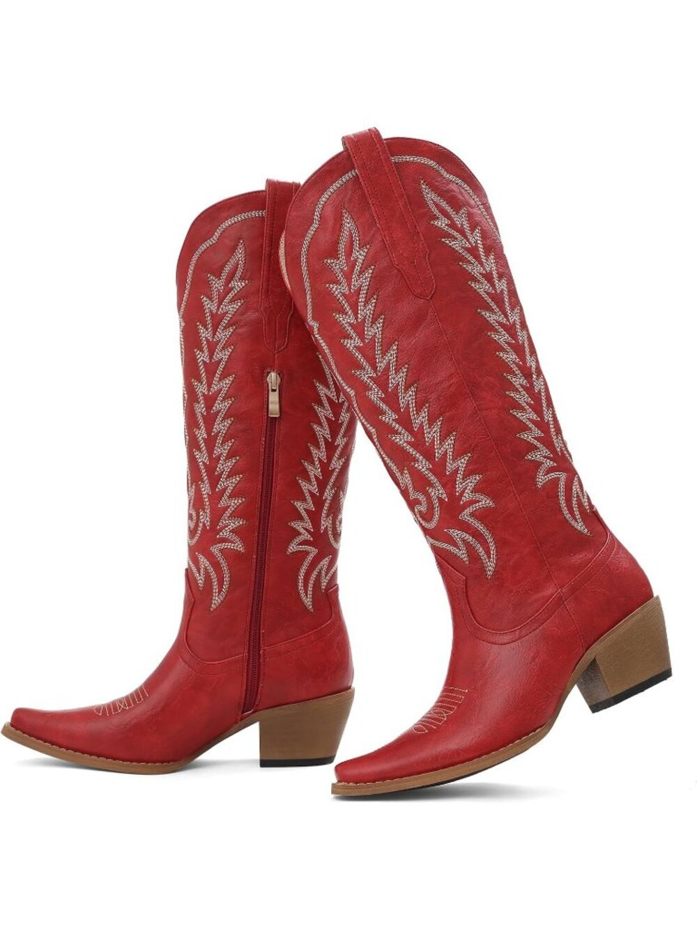 Women's B Red Western Cowgirl Boots Knee High Snip Toe Embroidered Boots Pull On